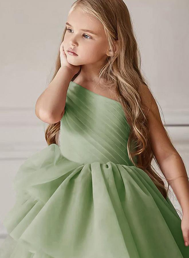 تايك تو فستان طويل بناتي شبكي أخضر بكتف واحد - Image 4